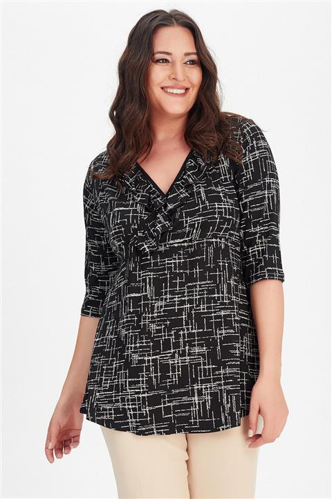 Moda Cazibe Kadın Siyah Kruvaze Fırfır Yaka Truvakar Kol Desenli Bluz