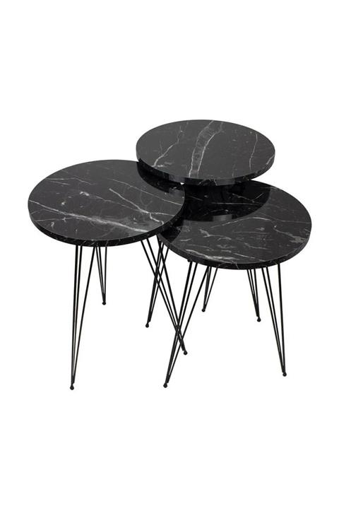 SARI PAPATYA Siyah Mermer Desen Metal Ayak Zigon Sehpa