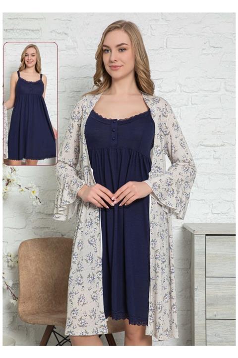 Duchesse Kadın Lacivert Gecelik Sabahlık Takım