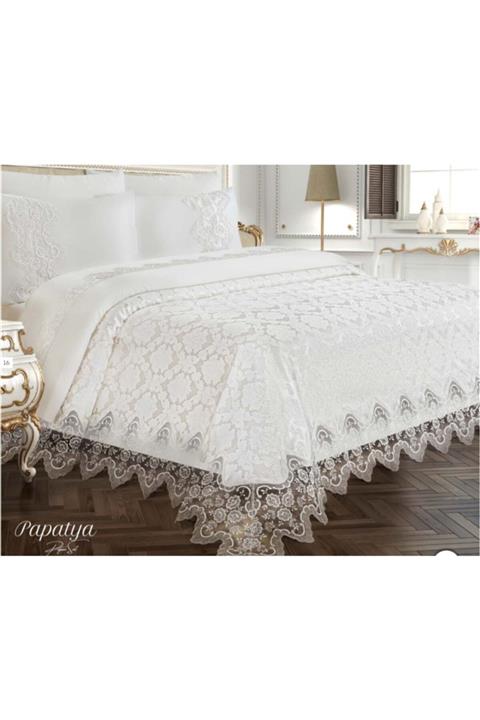 Evsay Selin 3 Tarafı Fransız Güpürlü Şönil Papatya Pike Takımı Ekru