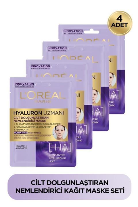 L'Oreal Paris 4'lü Hyaluron Uzmanı Cilt Dolgunlaştıran Nemlendirici Kağıt Yüz Maskesi - Hyaluronik Asit Seti