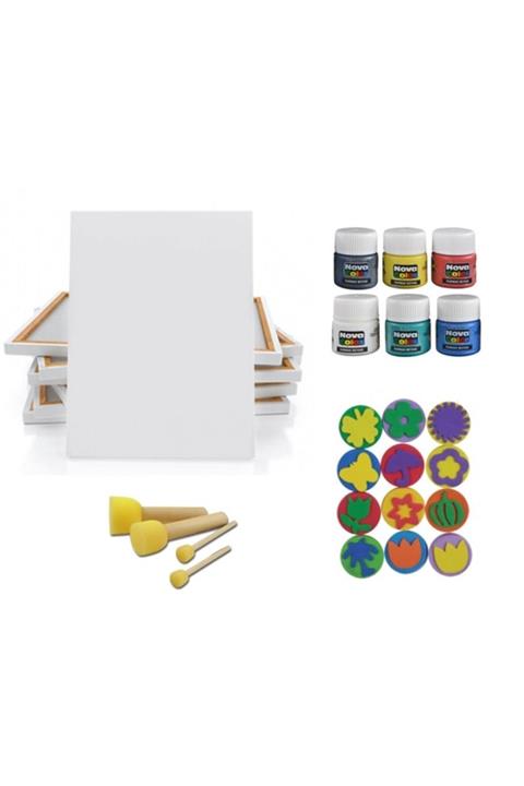 Nova Color Çocuklar Için 25x35 Tuval + Parmak Boyası Seti ( Pon Pon Fırça Lı , Baskı Kalıplı )