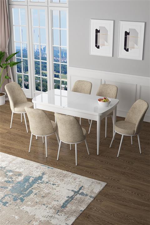 Canisa Concept Zen Serisi Mdf Açılabilir Mutfak Masası Takımı-yemek Masası Takımı Beyaz Masa 6 Krem Sandalye