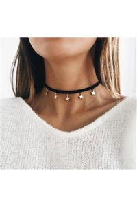 Nishstyle Altın Renk Mini Yıldız Sıralı Siyah Kadife Choker Kolye