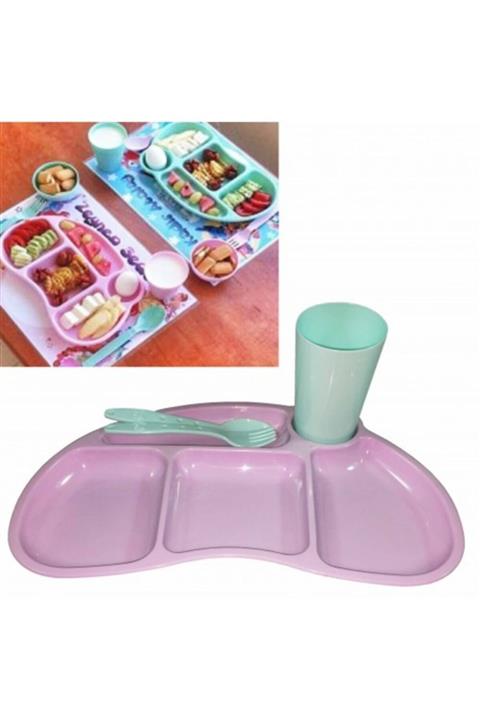 Go İthalat Tabldot Çocuk Yemek Plastik Tabldot Set 4 Parça - Bölmeli Bardak Çatal Kaşıklı