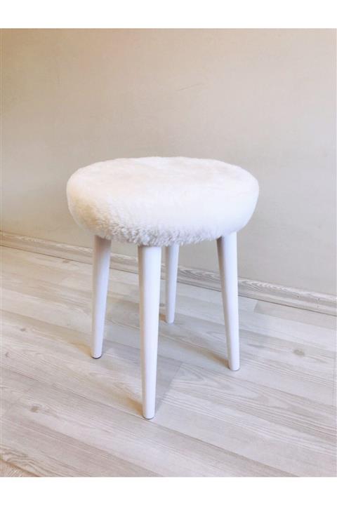 Neta Trade Neta Home Ahşap Ayak Dekoratif Beyaz Peluş Puf Tabure Bench Yuvarlak Koltuk Sandalye 4 Lü Ayak