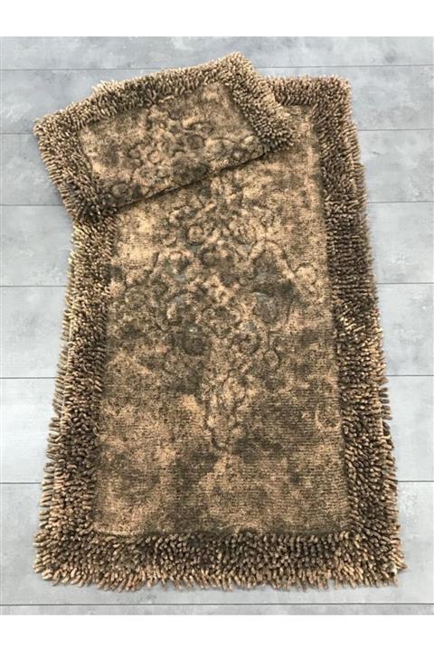 Bonny Home Eskitme Rumeli Makarna Tarçın %100 Pamuk 2'li Klozet Takımı Banyo Halısı Paspası Seti