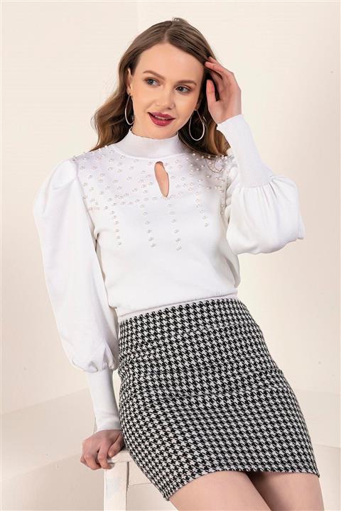 Kadın Modası Kadın Ekru Kazayağı Desen Yünlü Mini Kalem Etek
