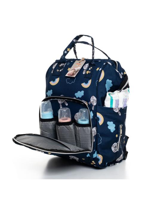 Sahra Leke Tutmaz Su Geçirmez Termal Bölmeli Uzay Desenli Anne Bebek Bakım Sırt Çantası Lacivert-gri
