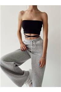 khar moda Beli Bağlamalı Siyah Crop Büstiyer