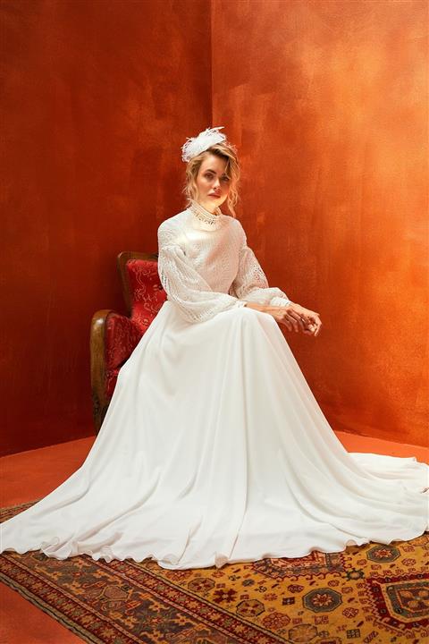 JAQAR Kadın Ekru Vintage Koton Dantel Garnili Gelinlik