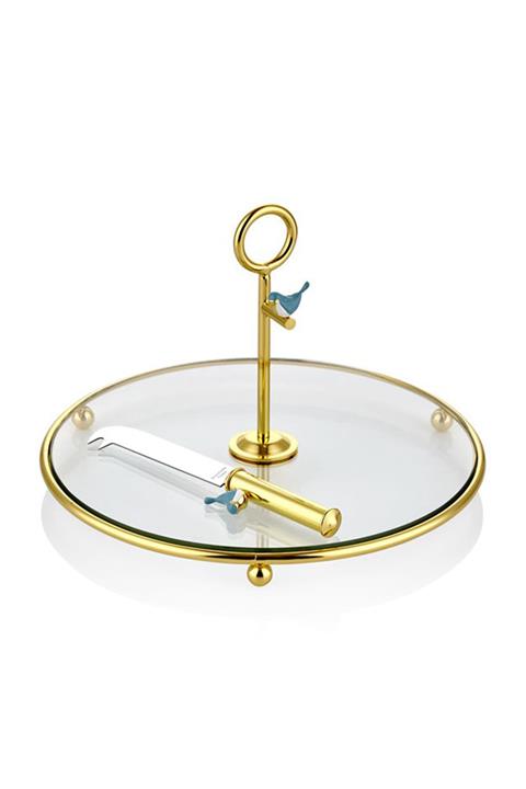 Cemile Kuşlu Altın Kaplama Mavi Bıçaklı Peynir Servisi 25 Cm