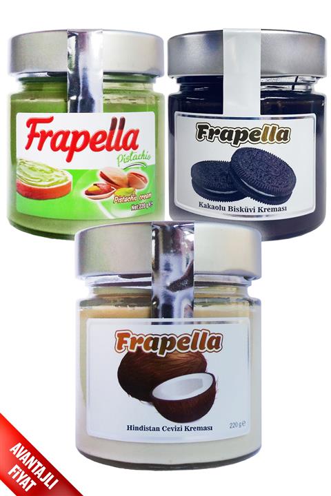 Frapella Hindistan Cevizi Kreması, Antep Fıstık Kreması, Kakaolu Bisküvi Kreması 3 Adet X 220 Gr.