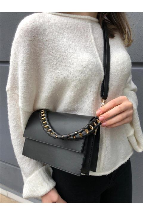 Modames Kadın Siyah 2 Bölmeli Mıknatıs Kapaklı Deri Ayarlanabilir Askılı Kadın Omuz Çantası