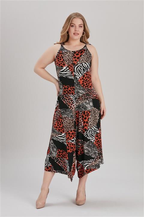 MİHRAMOR Kadın Büyük Beden Ince Askılı, Desenli Tulum Kiremit