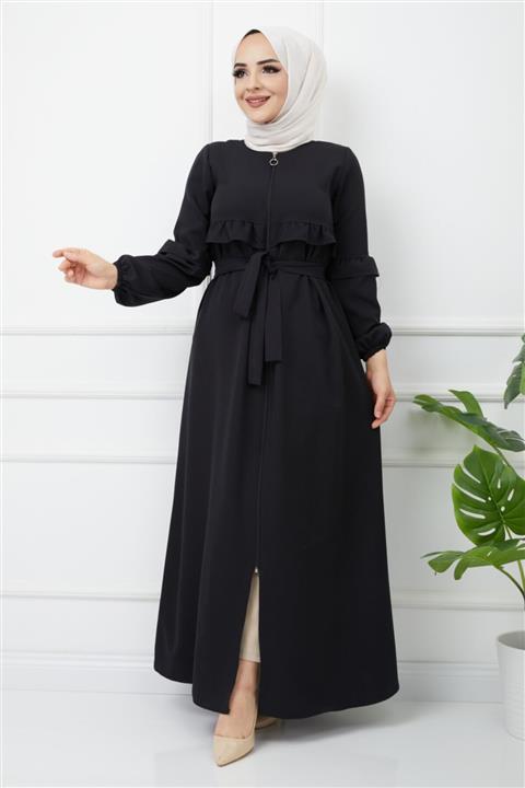 TUBA MUTİOĞLU Fırfır Detaylı Fermuarlı Boydan Tesettür Ferace