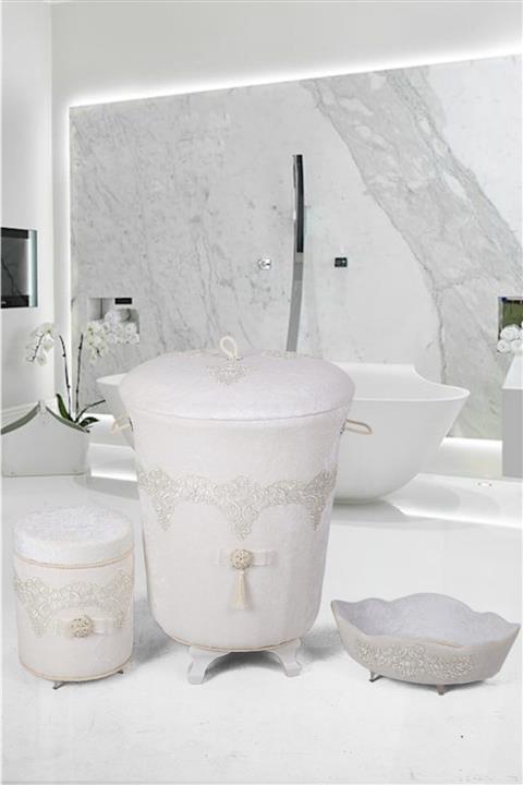 Bonny Home Kadife Banyo Seti Güpürlü Kirli Çamaşır Sepeti Takımı  3'lü