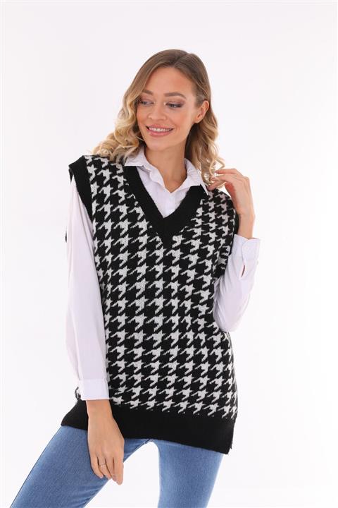 SECOUTLET Kadın Siyah Beyaz Uzun Triko Süveter