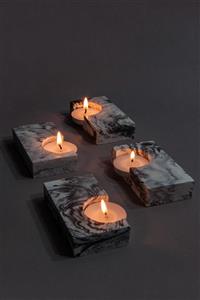 TPD AKSESUAR Yarım Ay Siyah Beyaz Mermer Desenli Dörtlü Tealight Beton Mumluk Set