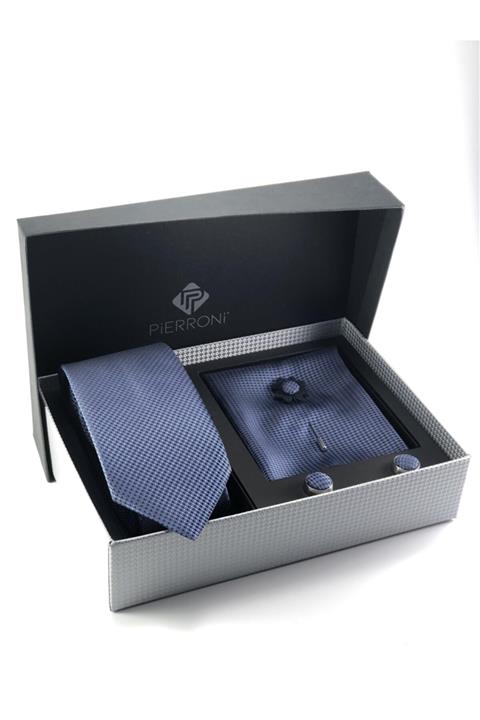 PİERRONİ Mavi Kravat 4 Lü Özel Hediye Seti