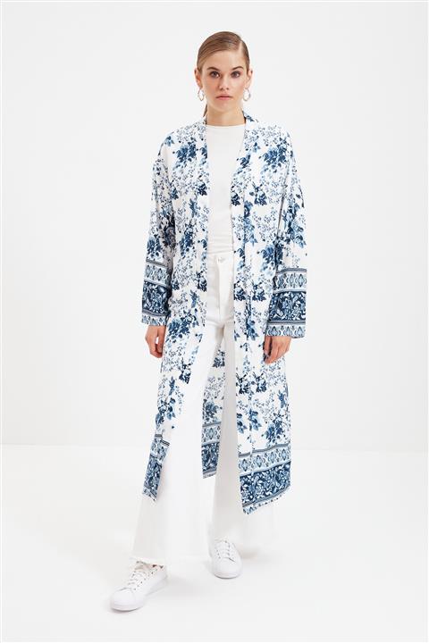Trendyol Modest Mavi Baskılı Rahat Tesettür Kimono & Kaftan TCTSS21KK0003