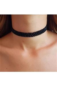 Handmade By HLY Kadın Siyah El Yapımı Kristal Taş Detaylı Choker Kolye