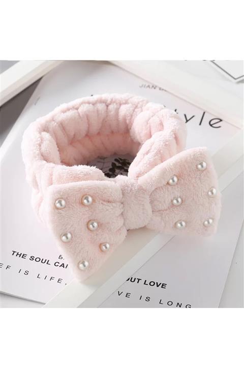 SECAR Pudra İnci Fiyonklu Peluş Spa Saç Bandı