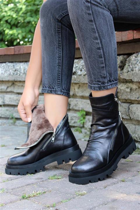 FAST STEP Hakiki Deri Kürklü Siyah Kadın Klasik Bot 965kza7432