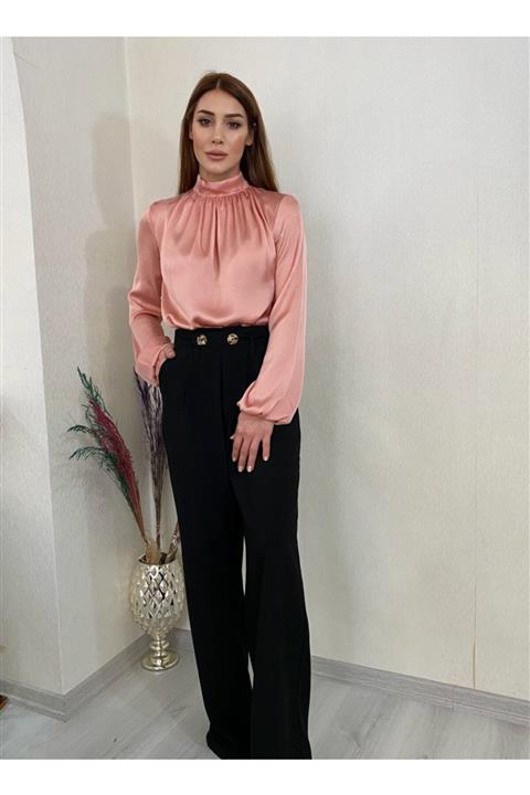 Letizia byece Kadın Pudra Pembe Saten Bluz