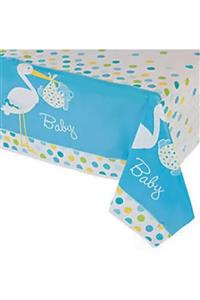 ihtiyaçavm Baby Shower Masa Örtüsü Baby Boy Stork Leylekli Mavi Masa Örtüsü 137x274 cm