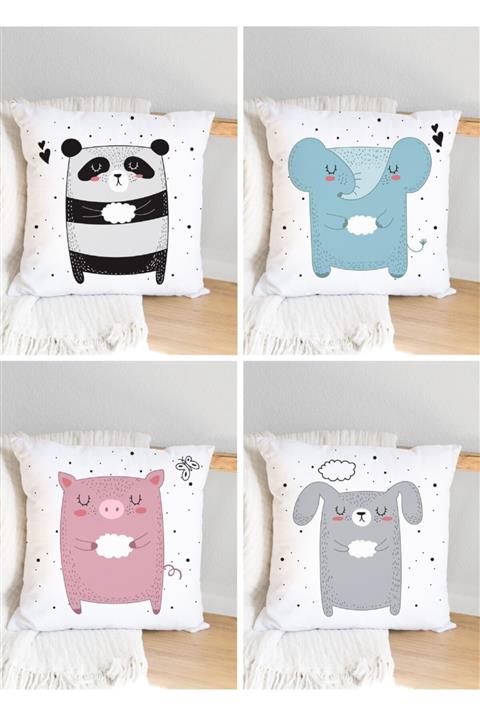 JUNİOR HOME CONCEPT Renkli Uyuyan Hayvanlı Dijital Baskı 4'lü Kırlent Kılıf Seti