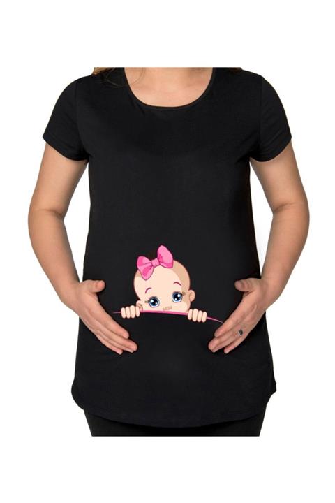 BK Gift Kız Bebek Tasarımlı Siyah Hamile Tişört-1