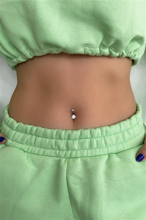 TAKIŞTIR Cerrahi Paslanmaz Çelik Gümüş Renk Taşlı Göbek Piercingi