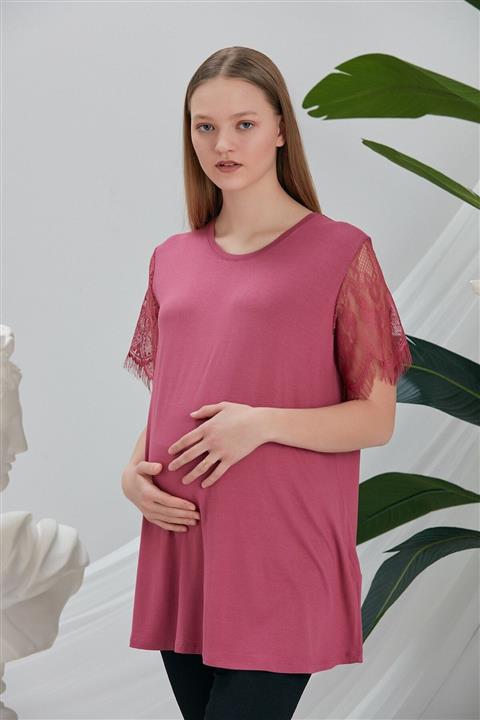 Görsin Hamile Kadın Gül Kurusu Kol Tül Detaylı Hamile T-Shirt