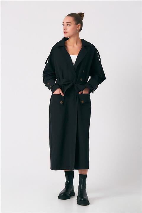 Robin Kadın Siyah Cep Detaylı Kuşaklı Trençkot