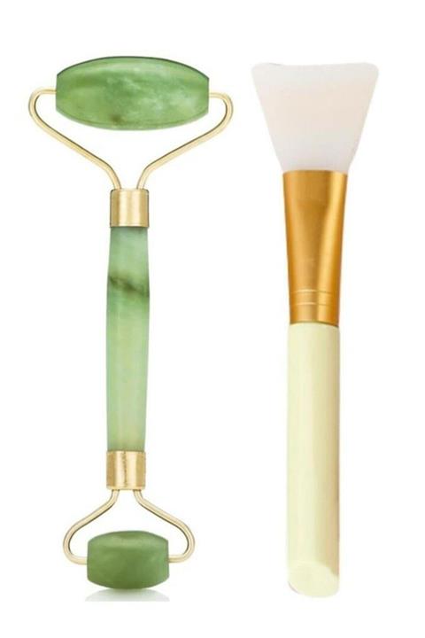 MUJGAN 2'li Cilt Bakım Seti Beyaz Silikon Maske Sürme Fırçası + Yeşim Taşı Yüz Masaj Aleti