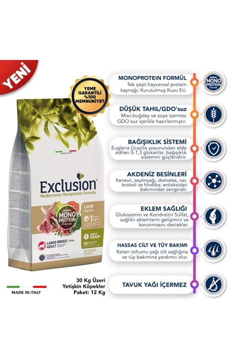 Exclusion Monoprotein Düşük Tahıllı Kuzu Etli Ve Narlı Büyük Irk Yetişkin Köpek Maması 12 Kg