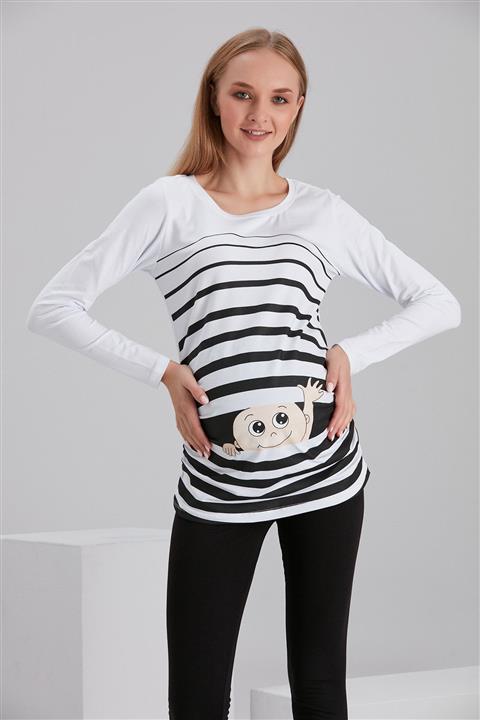 Görsin Hamile Kadın Beyaz Pencereden Bakan Bebek Baskılı Hamile T-Shirt