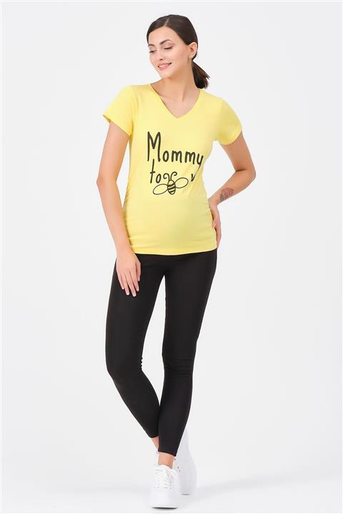 BUSA Kadın Hamile V Yaka Arı Baskılı Tişört Sarı