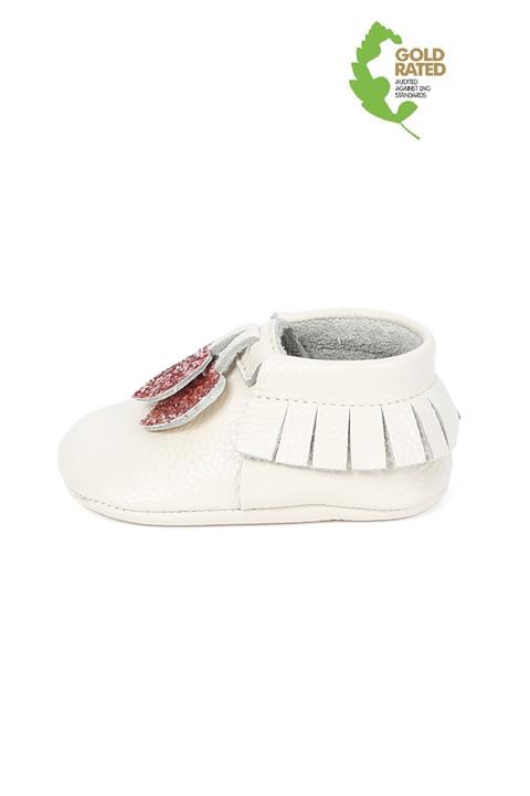 YoYo Junior Hakiki Deri Krem Kalp Detaylı Bebek Patik