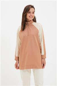 Trendyol Modest Camel Dik Yaka Renk Bloklu Örme Sweatshirt TCTAW22TW0174