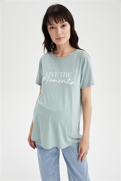 DeFacto Kadın Yeşil Slogan Baskılı Pamuklu Bisiklet Yaka Hamile Tişört U7889AZ21SM