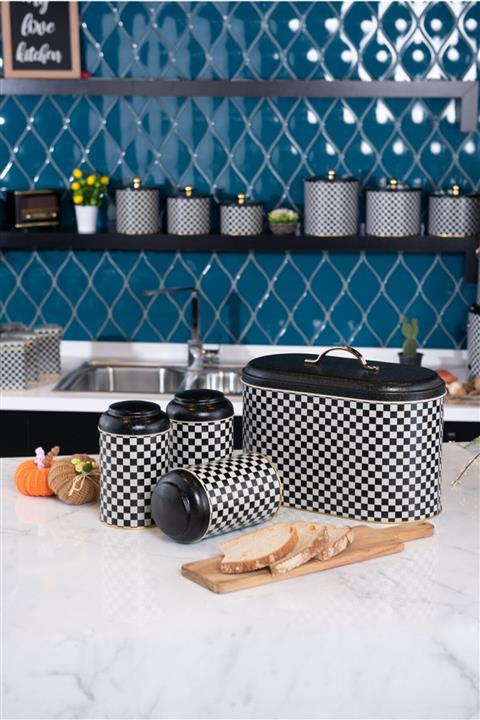 EVLE Dama Desenli 4 Lü Set Metal Ekmek Sepeti Ve Erzak Saklama Kabı - Siyah Beyaz