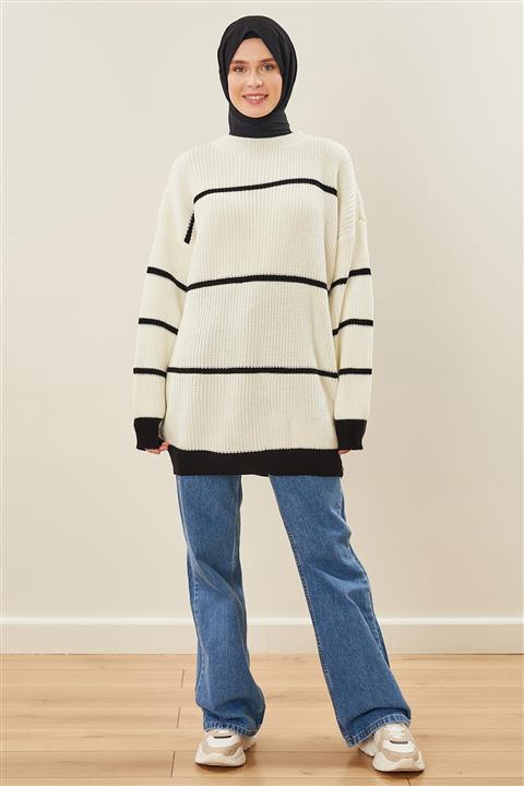 MARKALİSTE Salaş Balon Kol Çizgili Kazak Ekru
