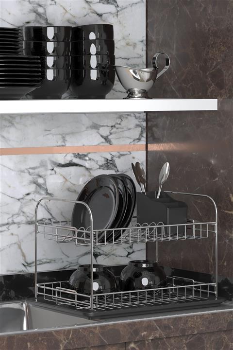 Teknotel İki Katlı Tabaklık Bulaşıklık Krom + Siyah Tepsi Kb007