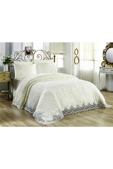 Madame Clean Home Eylül Fransız Dantelli Battaniye Seti 6 Parça Krem