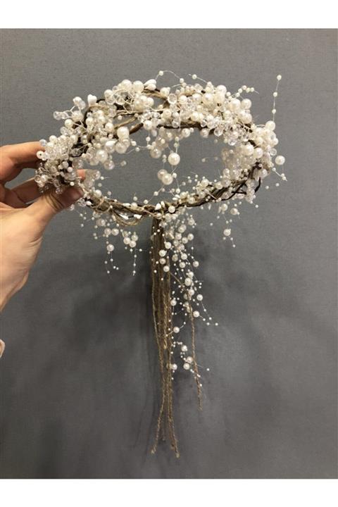 Hayalperest boncuk Beyaz Inci Kristalli Ve Hasırlı Taç