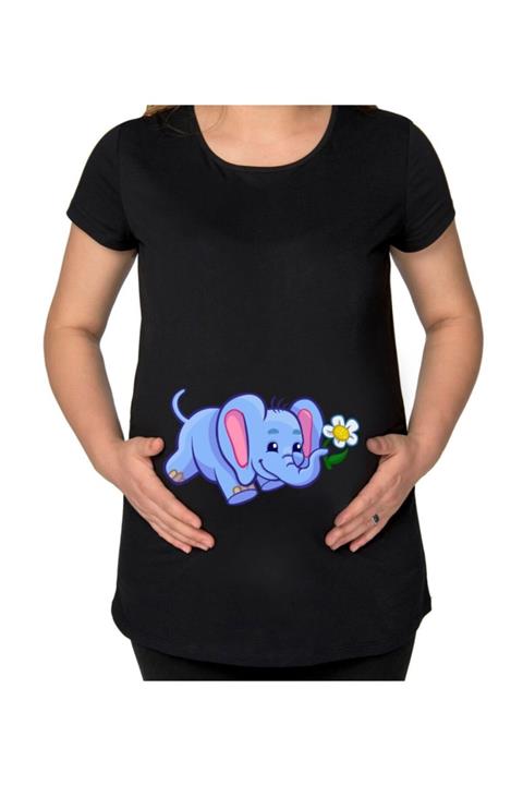 BK Gift Bebek Fil Tasarımlı Siyah Hamile Tişört-1