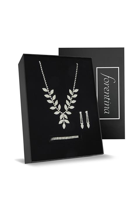 Forentina Gümüş Kaplama Yaprak Modeli Kolye Küpe Bileklik Düğün Seti Ps2183