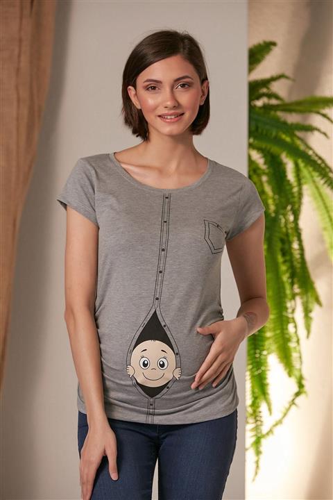 Görsin Hamile Kadın Gri Bebek Baskılı Kısa Kol Hamile T-Shirt